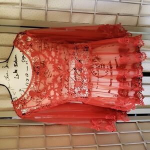 Pink Melo sheer embroidery dark orange lace top with wide sleeves L